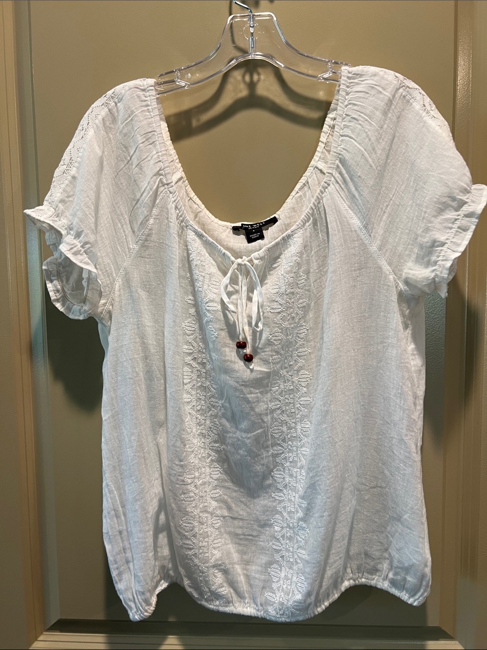 Nine West White Embroidered Tie-Front Peasant Blouse